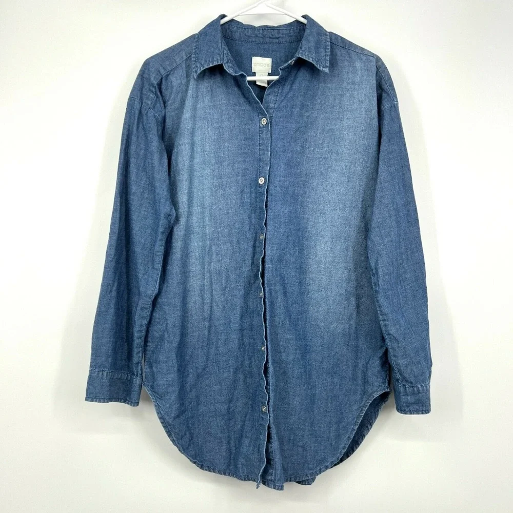 Chicos Top Denim Shirt Button Down Roll Tab Long Sleeve